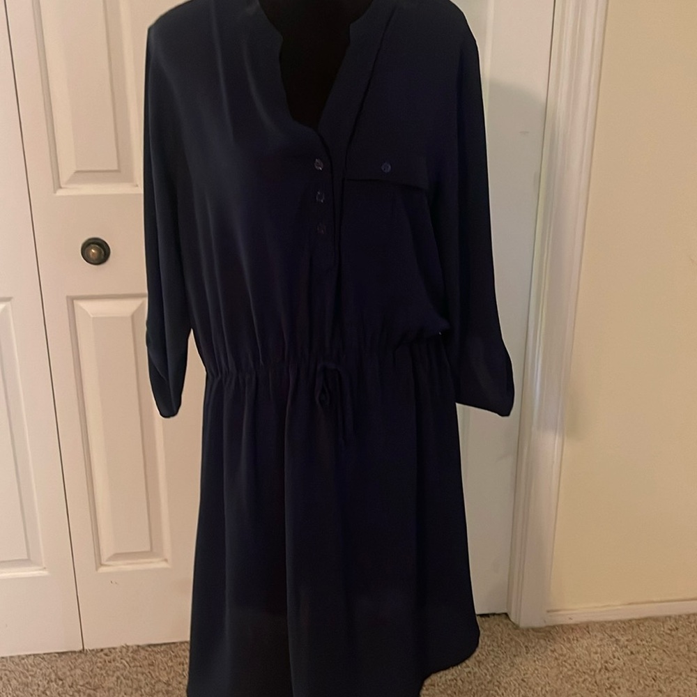 Sheer navy blue three-quarter sleeve dress